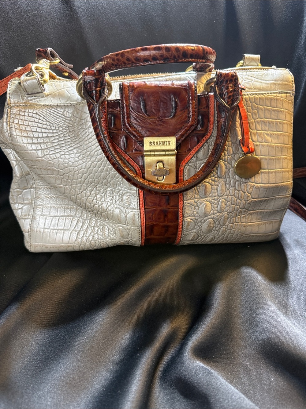 Brahmin Cream and Brown Croc-Embossed Satchel with Gold Accents